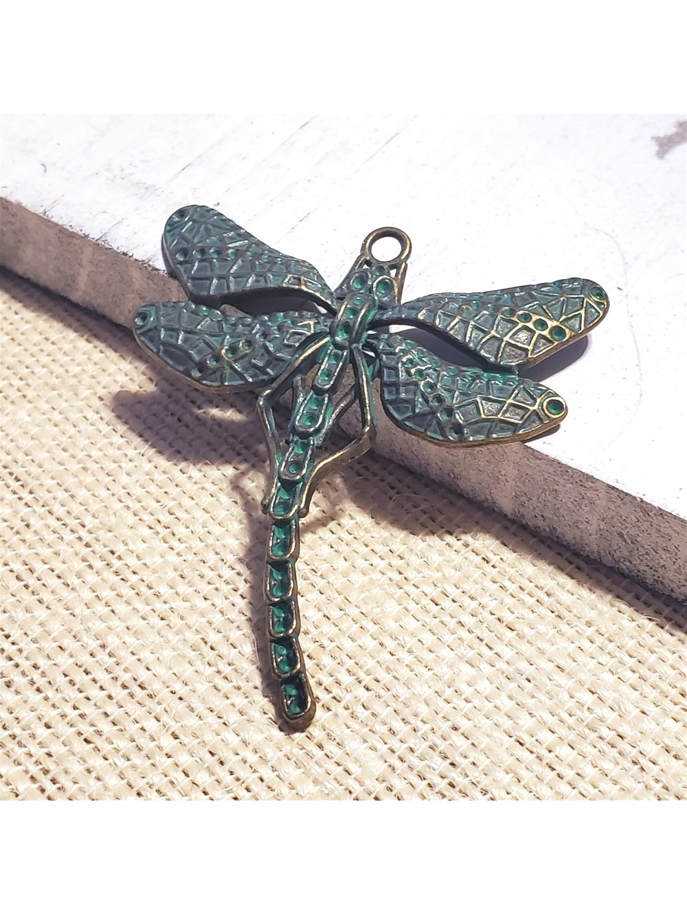 Art Nouveau Antique Bronze Verdigris Green Patina Carved Dragonfly Pendant
